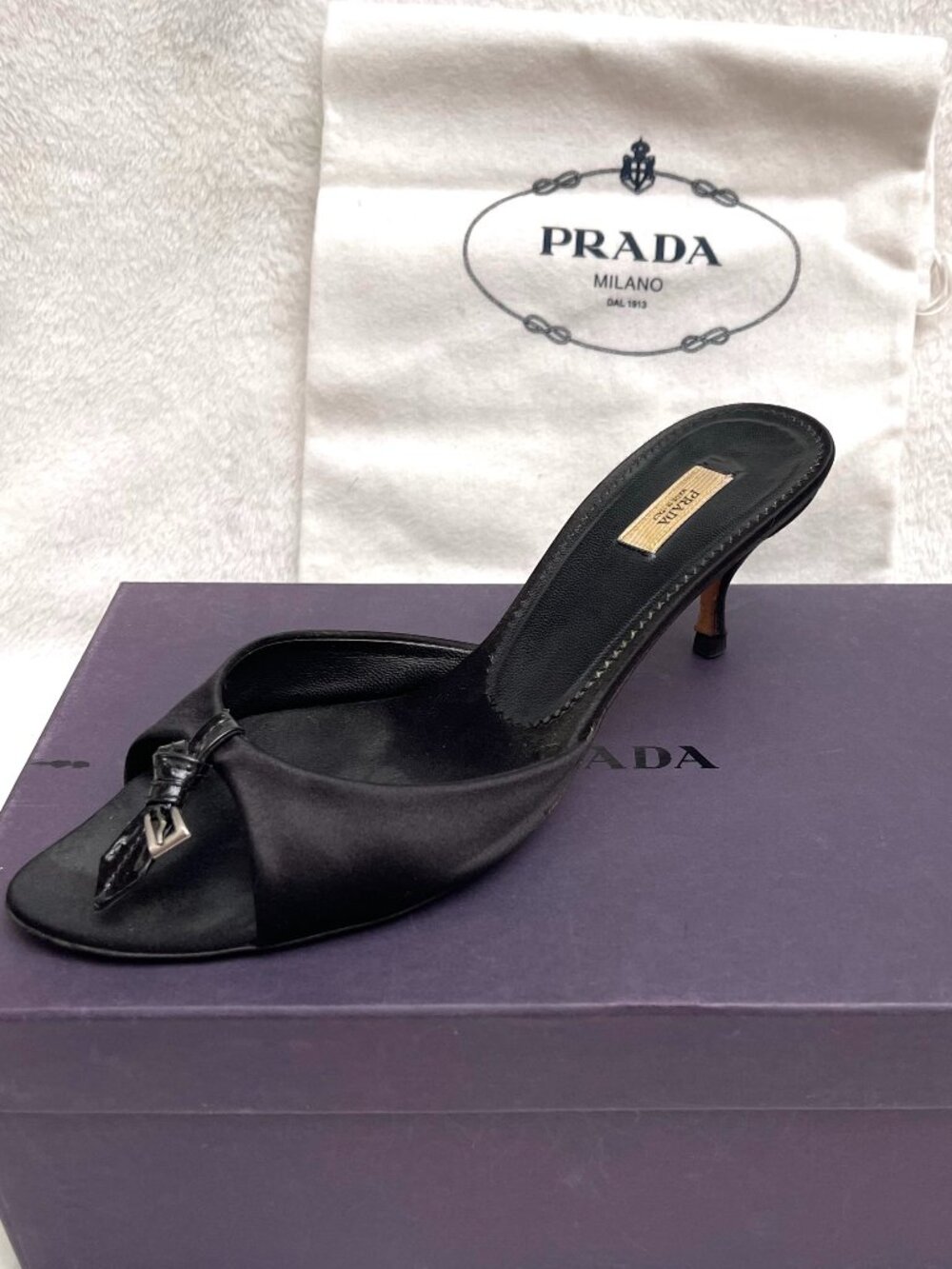 Prada satin/leather kitten heel open toe mules sandals